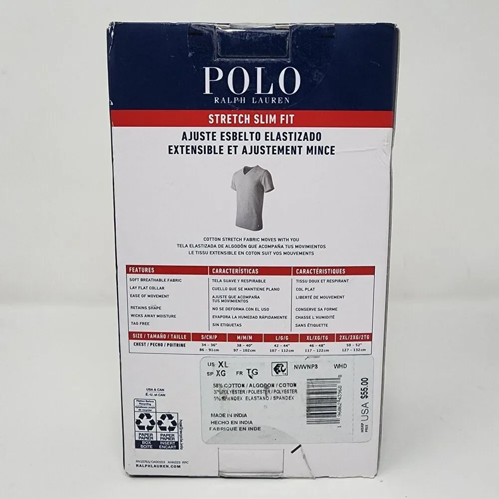Polo Ralph Lauren Undershirts Mens XL White Stretch Slim Fit V-Neck 3 Pack